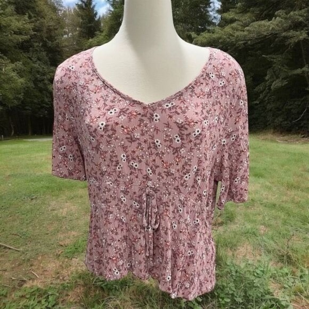 SO Goods for Life XL Pink Floral V-Neck Short Sleeve Blouse Casual Fairy Cottage